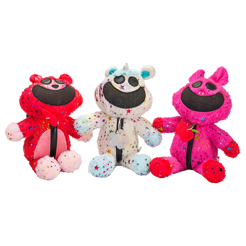 Coniglio di peluche unico e fantasy in rosso, rosa e bianco