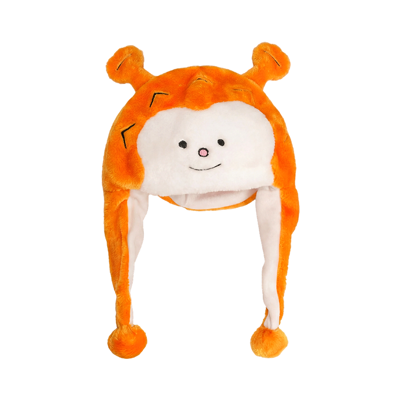 Cappello di peluche arancione con faccia di scimmia